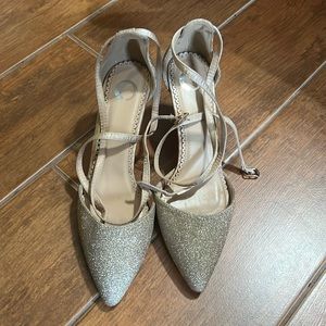 Strappy gold glitter heels